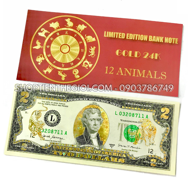 Tiền 2 USD in hình Con Cọp 3D nhũ vàng - SP005553